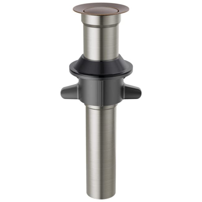 Metal push pop drain assembly with Venetian bronze cap, stainless steel body, and black plastic collar with side handles.