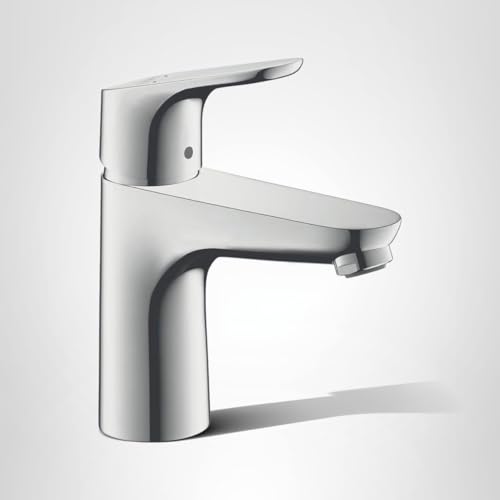 Chrome single-hole bathroom faucet with curved spout and lever handle.