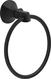 Black metal towel ring with circular design and mounting bracket on white background.