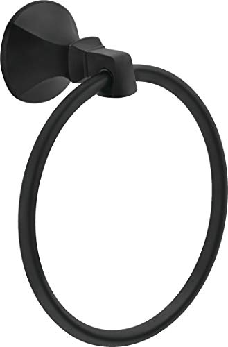Black metal towel ring with circular design and mounting bracket on white background.
