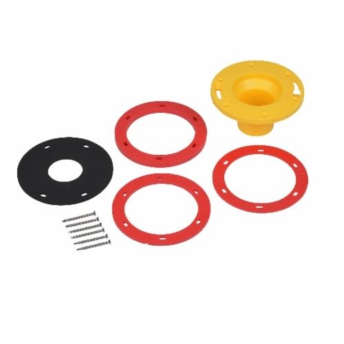 Two-pack toilet flange extender kit with black base ring, three red spacer rings, yellow cap, and mounting screws.