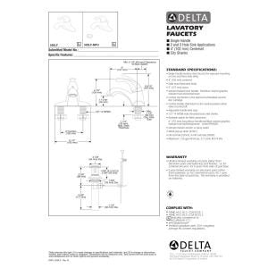 Delta chrome single-handle centerset bathroom faucet with technical schematic and installation specifications.