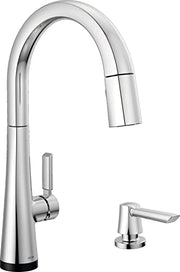 Chrome pull-down kitchen faucet with single handle and matching soap dispenser on white background.