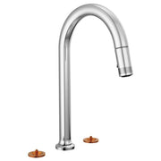 Chrome widespread faucet with tall arc spout, pull-down sprayer head, and two copper-colored base mounts.