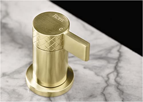 Antique gold widespread lavatory faucet with cylindrical body, textured handle, and U-shaped spout mounted on marble surface.