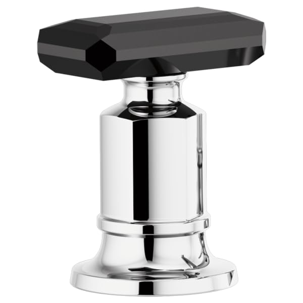 Black crystal knob handle mounted on chrome cylindrical base with hexagonal black top piece for roman tub faucet.