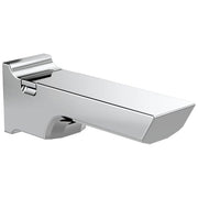 Chrome tub spout with pull-up diverter and curved basin design for bathtub installation.