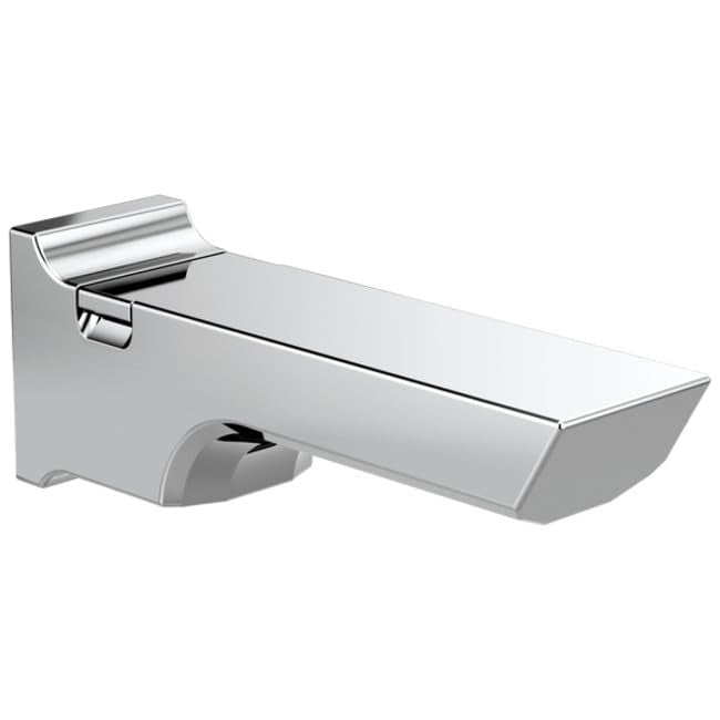 Chrome tub spout with pull-up diverter and curved basin design for bathtub installation.