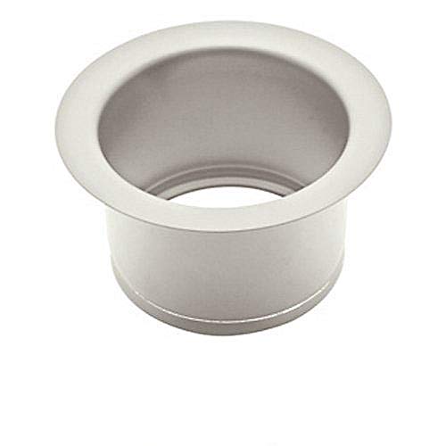 Polished nickel extended disposal flange with wide rim and cylindrical body for sink installation.