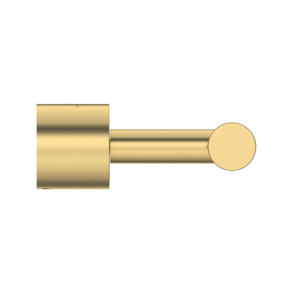 Brushed gold cylindrical toilet paper holder with rounded end cap and mounting bracket, open design without cover.