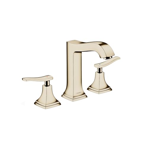 Polished nickel three-piece widespread faucet with angular spout, lever handles, and tapered base pedestals.