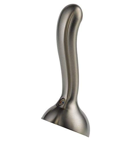 Curved stainless steel metal lever handle with a wide base mount and brushed finish.