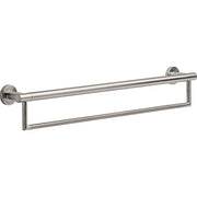 Stainless steel towel bar with lower assist bar and wall-mounted circular brackets on each end.