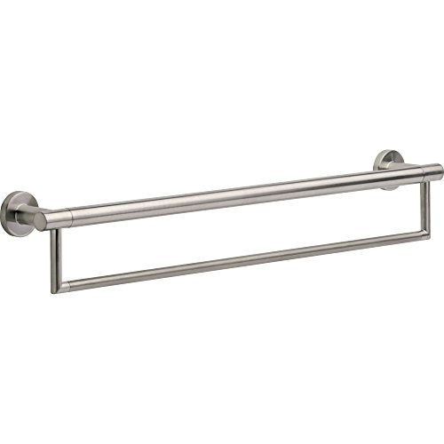Stainless steel towel bar with lower assist bar and wall-mounted circular brackets on each end.