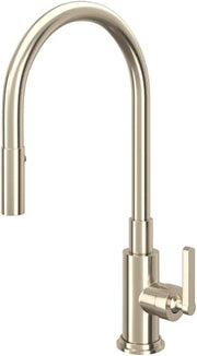 Satin nickel pull-down kitchen faucet with curved spout and single lever handle.