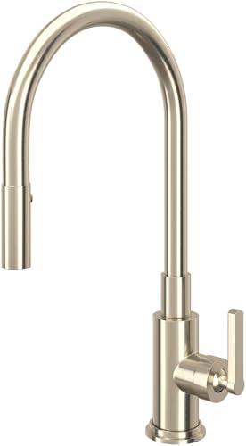 Satin nickel pull-down kitchen faucet with curved spout and single lever handle.