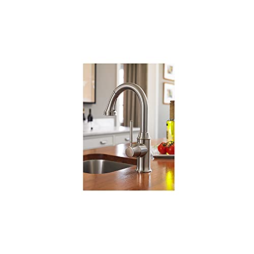 Chrome kitchen faucet with curved spout and pull-down spray head over stainless steel sink.
