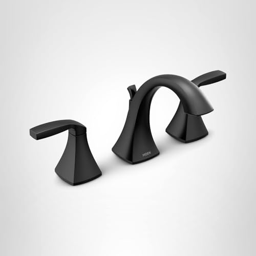 Matte black two-handle widespread bathroom faucet with curved spout and lever handles.