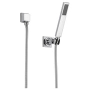 Polished chrome wall-mounted hand shower with flexible hose, square trim plate, and handheld white nozzle head.