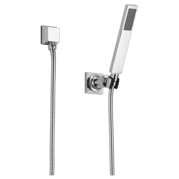 Polished chrome wall-mounted hand shower with flexible hose, square trim plate, and handheld white nozzle head.