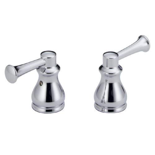 Chrome metal lever handle set with two conical bases and extended lever arms for kitchen or bathroom faucet.