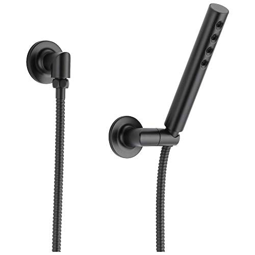 Black wall-mounted handshower with adjustable arm and flexible hose connections on both sides.