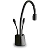 Matte black instant hot and cold water faucet with curved spout and black base unit.