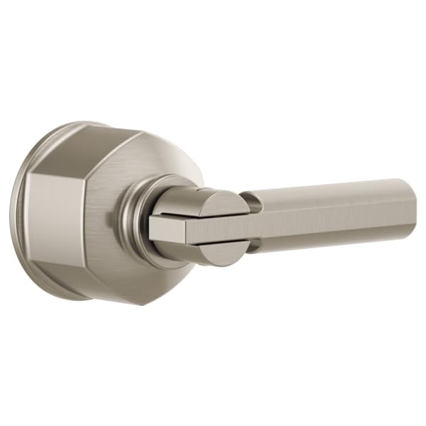 Brushed nickel lever handle with round trim plate and valve body connector for pressure balance valve installation.