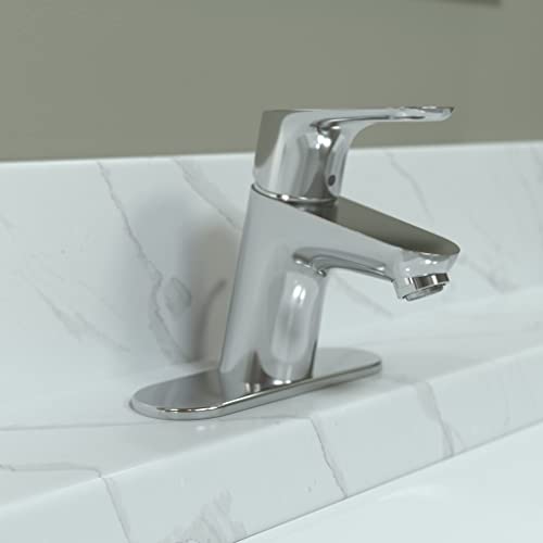 Chrome single-hole bathroom faucet with lever handle mounted on white tile sink deck.