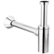 Chrome plumbing bottle trap with cylindrical body, wall-mounted escutcheon, and horizontal outlet connection.