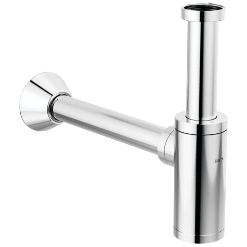 Chrome plumbing bottle trap with cylindrical body, wall-mounted escutcheon, and horizontal outlet connection.