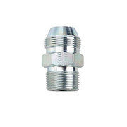 Chrome-plated brass gas flare adapter with threaded male connections and hexagonal grip section in the middle.