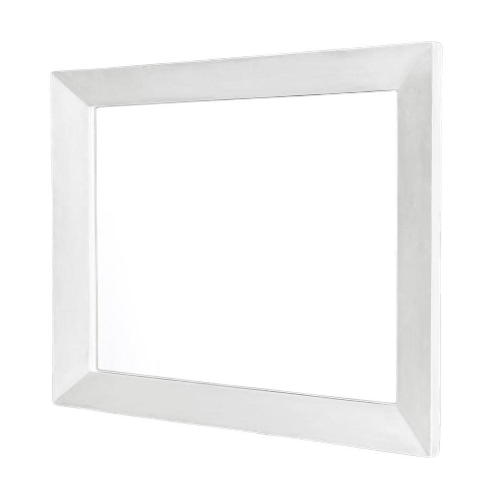 Pearl white framed rectangular mirror with beveled edges and reflective glass center.
