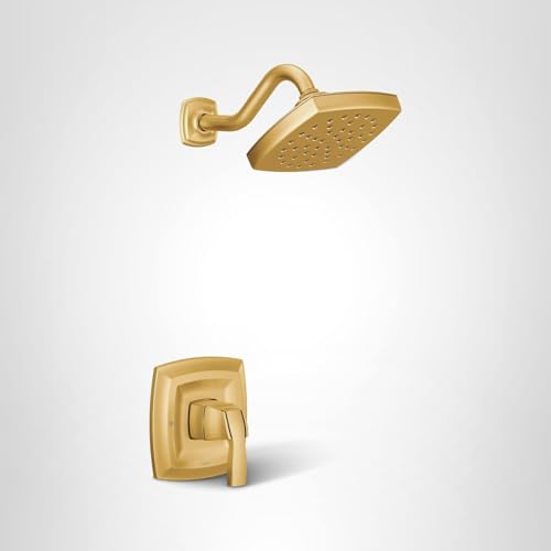 Brushed gold shower trim kit with single handle lever and square rainfall showerhead.