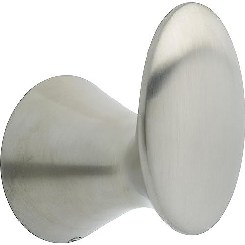 Brushed stainless steel robe hook with cylindrical hook extending from circular mounting plate.
