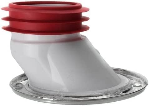 Red gasketted closet flange with white offset bend and metal base ring.
