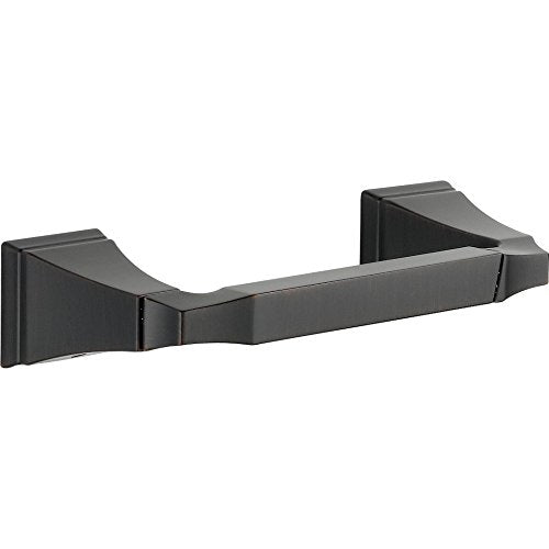 Black matte finish tissue holder with angular wall-mounted brackets and curved bar design.