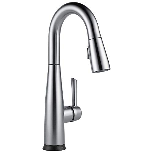 Chrome single-handle pull-down kitchen faucet with curved spout and black base.