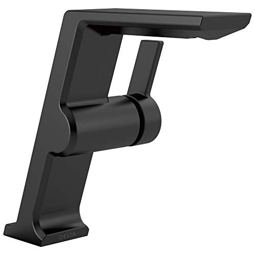 Black single-handle bathroom faucet with angular modern design and cylindrical spout over vessel sink.