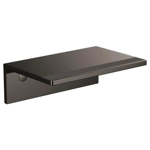 Black wall-mounted shelf with rectangular top and mounting bracket, featuring a circular cutout on the front panel.
