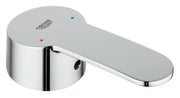 Grohe chrome faucet lever with gray handle, red and blue indicator dots on circular base.