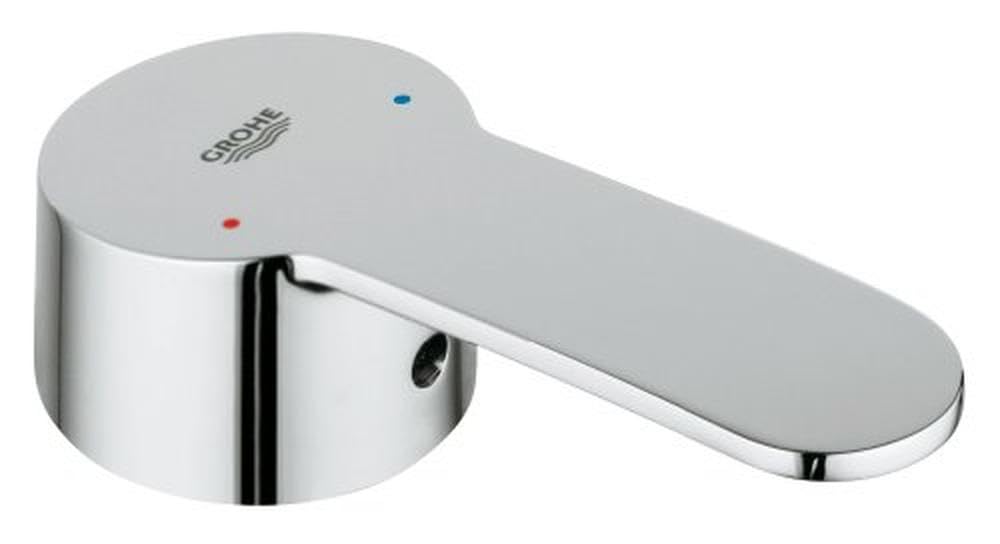 Grohe chrome faucet lever with gray handle, red and blue indicator dots on circular base.