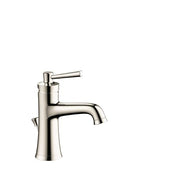Polished nickel single-hole bathroom faucet with curved spout and lever handle mounted on cylindrical base.