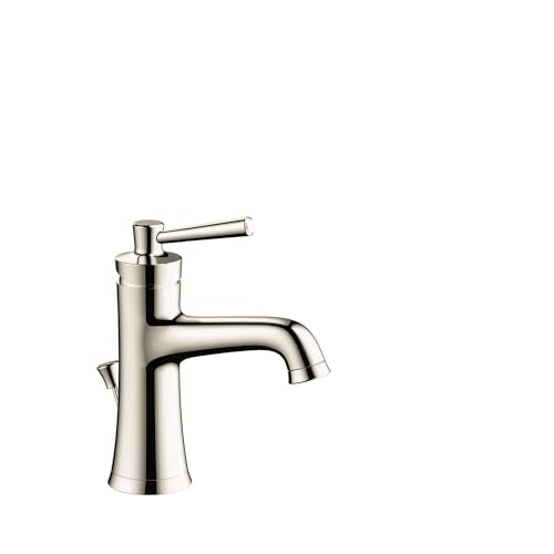 Polished nickel single-hole bathroom faucet with curved spout and lever handle mounted on cylindrical base.