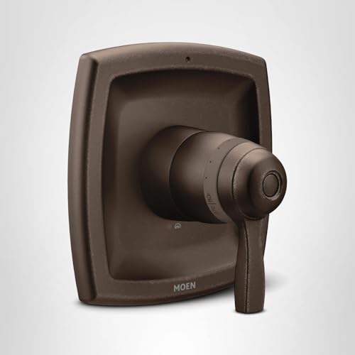 Old World Bronze thermostatic shower valve trim with rounded rectangular escutcheon and single lever handle.