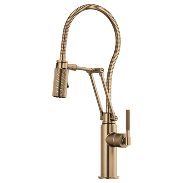 Champagne bronze articulating kitchen faucet with flexible hose, pull-down sprayer, and knurled side handle.