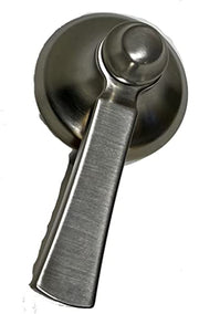 Stainless steel tub filler handle with spherical knob and rectangular lever extending from round wall plate.