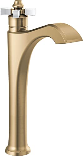 Brass single-handle vessel faucet with curved spout and white cross handle for bathroom sink.
