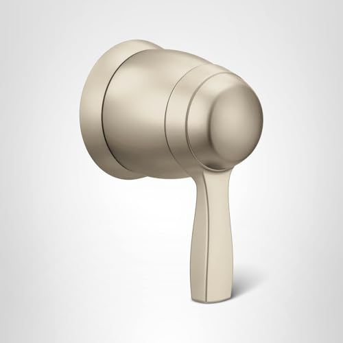 Brushed nickel single-lever volume control valve trim with cylindrical body and rectangular handle extending downward.
