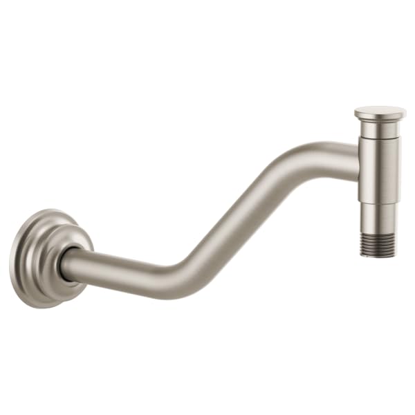 Brushed nickel angled shower arm with wall flange and threaded connection port.